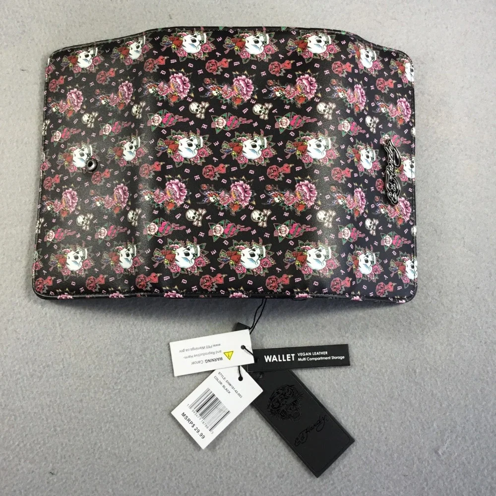 Ed Hardy Blk Skull Rose Tattoo Print Vegan Leather Tri-Fold Wallet EHW191-42-003